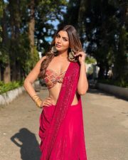 Hot Akanksha Puri in a Red Sequin Saree with a Strapless Bustier Blouse Pictures 03