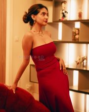 Hot Anushka Sen in a Strapless Red Form Fitting Mermaid Style Gown Photos 03