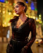 Irresistible Anushka Sen in a Midnight Black Blue Chantilly Lace Evening Slit Lace Maxi Dress Pictures 01
