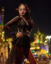 Irresistible Anushka Sen in a Midnight Black Blue Chantilly Lace Evening Slit Lace Maxi Dress Pictures 02