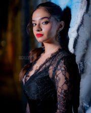 Irresistible Anushka Sen in a Midnight Black Blue Chantilly Lace Evening Slit Lace Maxi Dress Pictures 10