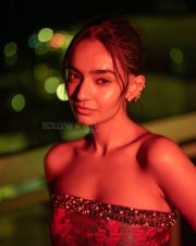 Killer Beauty Anushka Sen in a Red Off Shoulder Dress Photos 03