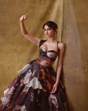 Magnetic Actress Palak Tiwari in a Dark Floral Off Shoulder Ball Gown with a Deep Cleavage Corset Bodice Pictures 03