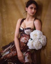 Magnetic Actress Palak Tiwari in a Dark Floral Off Shoulder Ball Gown with a Deep Cleavage Corset Bodice Pictures 04
