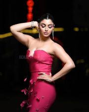 Red Hot Akanksha Puri in a Strapless Sleeveless Rose Red Feather Maxi Bandage Dress Photos 02