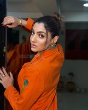 Sassy Akanksha Puri in a Bright Orange Tailored Blazer with an Hand embroidered floral appliqu on the front and sleeves Pictures 03