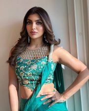Sexy Actress Akanksha Puri in a Teal Green Saree with a Matching Sleeveless Blouse Photos 04