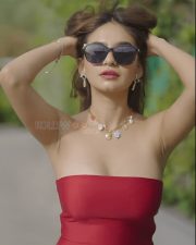 Sexy Anushka Sen in a Red Off Shoulder Bodycon Dress Photos 02