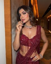 Sexy Bhojpuri Actress Akanksha Puri in a Shimmering Burgundy and Red Sequin Saree with a Sheer Corset Blouse Photos 04 Sexy Bhojpuri Actress Akanksha Puri in a Shimmering Burgundy and Red Sequin Saree with a Sheer Corset Blouse Photos 04