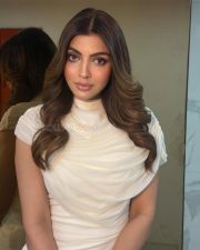 Sexy Indian Actress Akanksha Puri in an Oyster White Tulle Cape Bodycon Dress Photos 03