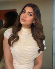 Sexy Indian Actress Akanksha Puri in an Oyster White Tulle Cape Bodycon Dress Photos 04