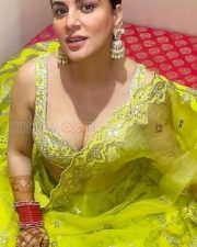 Shraddha Arya in a Green Saree Mehendi Cleavage Photos 01
