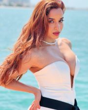Sophisticated Pooja Bhalekar in a Strapless White Mini Dress with a Black Contrast Sash Belt Pictures 01