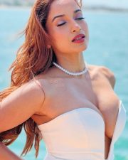 Sophisticated Pooja Bhalekar in a Strapless White Mini Dress with a Black Contrast Sash Belt Pictures 08