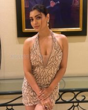 Stunning Akanksha Puri Cleavage in a Champagne Sequined Deep V Neck Halter Mini Dress Photos 01
