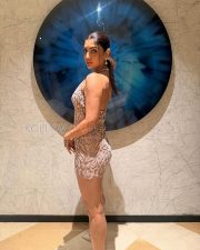 Stunning Akanksha Puri Cleavage in a Champagne Sequined Deep V Neck Halter Mini Dress Photos 03