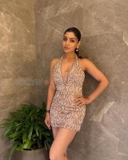 Stunning Akanksha Puri Cleavage in a Champagne Sequined Deep V Neck Halter Mini Dress Photos 06