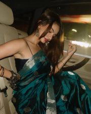 TV Actress Anushka Sen in a Blue and Grey Saree with a Thin Strap Sleeveless Blouse Photos 02