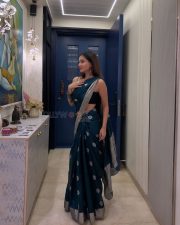 TV Actress Anushka Sen in a Blue and Grey Saree with a Thin Strap Sleeveless Blouse Photos 05