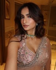 The Bhootnii Actress Palak Tiwari in a Glamorous Pink Sheer Saree with a Plunging Neck Bralette Style Blouse Photos 03