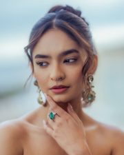 Young Beauty Anushka Sen in a Regal Wine Embroidered Strapless Gown at Cannes Film Festival Photos 02