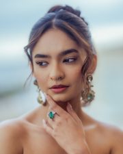 Young Beauty Anushka Sen in a Regal Wine Embroidered Strapless Gown at Cannes Film Festival Photos 02