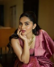 Actress Kayadu Lohar in a Pink Kachipuram Silk Saree with Gold Floral Motifs and Matching Sleeveless Blouse Photos 03