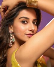 Actress Meenakshi Chaudhary in a Designer Sunset Orange Floral Embroidered Saree with a Contrasting Lime Yellow Sequin Blouse Pictures 03