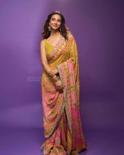 Actress Meenakshi Chaudhary in a Designer Sunset Orange Floral Embroidered Saree with a Contrasting Lime Yellow Sequin Blouse Pictures 06