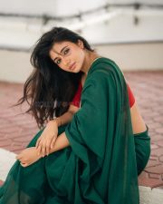 Birthmark Actress Mirnaa Menon in a Forest Green Saree with a Red Short Sleeved Blouse Photos 02