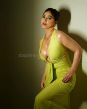 Bold and Sensual Kangna Sharma in a Lime Green Halter Neck Cleavage Gown Photos 02