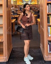 Carefree Actress Meenakshi Chaudhary in a Brown Ribbed Tank Top and Dark Shorts Photos 02