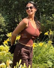 Carefree Actress Meenakshi Chaudhary in a Brown Ribbed Tank Top and Dark Shorts Photos 03
