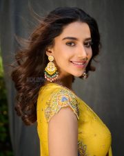 Charismatic Meenakshi Chaudhary in a Pre Draped Yellow Ruffle Saree with a Matching Blouse Pictures 04