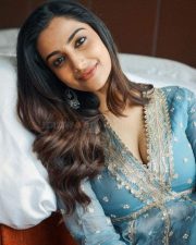 Divine Beauty Meenakshi Chaudhary in a Blue and Golden Zari Anarkali Suit Photos 02