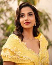 Dream Girl of South Indian Cinema Meenakshi Chaudhary in a Yellow Full Length Dress Photos 01