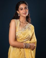 Gorgeous Meenakshi Chaudhary in a Yellow Saree with Yellow Embroidered Blouse with Floral Patterns Photos 02