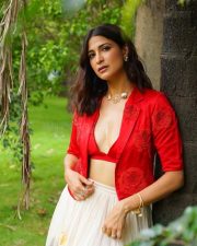 Graceful Aahana Kumra in a Red Bralette and Ivory Skirt with an Embroidered Shrug Photos 02