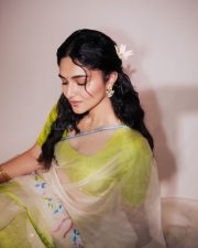 Graceful Actress Kayadu Lohar in a Lime Green Organza Saree Photos 02