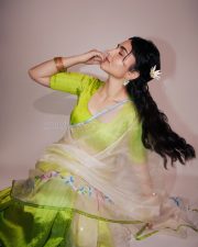 Graceful Actress Kayadu Lohar in a Lime Green Organza Saree Photos 03