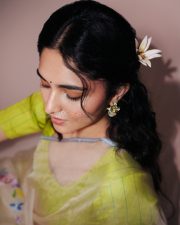 Graceful Actress Kayadu Lohar in a Lime Green Organza Saree Photos 05