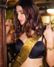 Indian Actress Aahana Kumra in a Gold Saree with a Black Sleeveless Blouse Pictures 02
