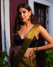 Indian Actress Aahana Kumra in a Gold Saree with a Black Sleeveless Blouse Pictures 03