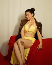 Let s Play Blind Har Chaal Ek Dhokha Actress Kangna Sharma in a Bold Yellow Wrap Bralette Top with a Matching High Waisted Yellow Maxi Skirt and Sequined Blazer Photos 08