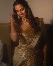 Magnetic Meenakshi Chaudhary in a Gold Tissue Silk Saree with a Matching Short Sleeved Blouse Pictures 02