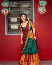 Radiant Actress Chandni Bhagwanani in a Green Maroon Traditional Saree Photos 06