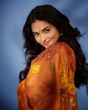 Radiant Actress Kayadu Lohar in a Orange Floral Printed Organza Saree Photos 04