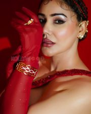 Seductive Kangna Sharma Cleavage in a Red Sequined Off Shoulder Gown with Gloves Photos 03