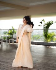 Serene Actress Kayadu Lohar in a Cream Draped Saree and Ivory Puff Sleeve Blouse Photos 03 Serene Actress Kayadu Lohar in a Cream Draped Saree and Ivory Puff Sleeve Blouse Photos 03