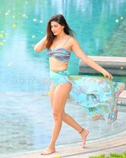 Sizzling Aahana Kumra Legs in a Blue Printed Bikini With Floral Sarong Photos 01